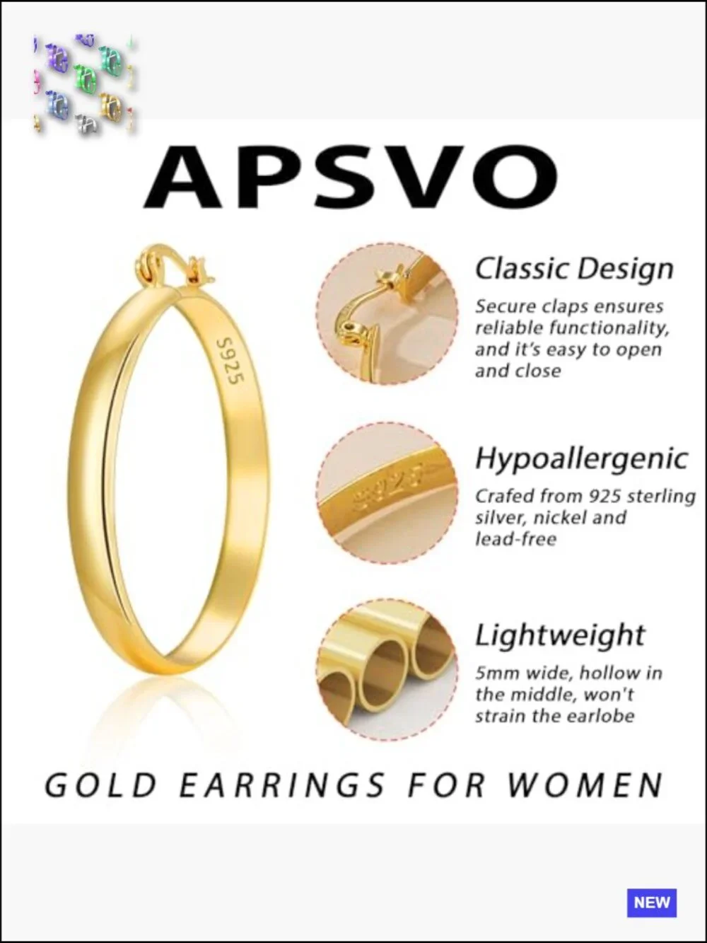 Large Hoop Earrings 5mm Wide Sterling Silver Lightweight Gold Plated